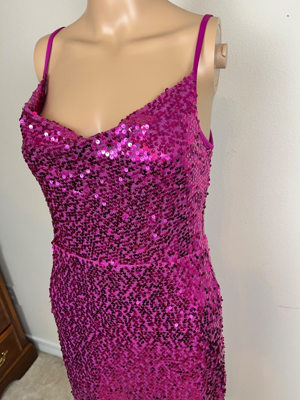 Taylor Dress, Fuchsia Hot Pink Sequin Midi Dress, Cowl Neck, Size 4